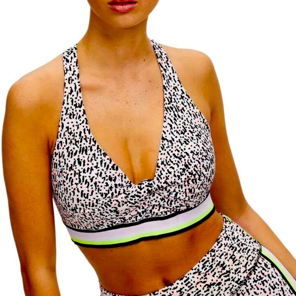 DKNY Sport Printed Front Knot Sports Bra, Pink, Neon, Black Women's medium